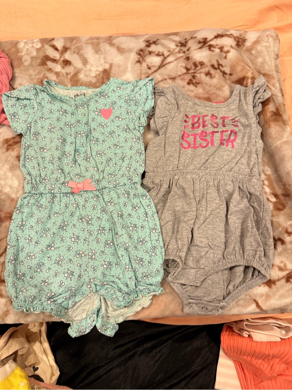 Carter's Mint Floral Romper with Pink Bow & Gray 'Best Sister' Romper
